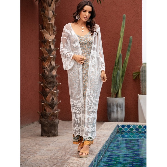 White Lace Boho Coverup Long Kimono - Picture 8 of 10